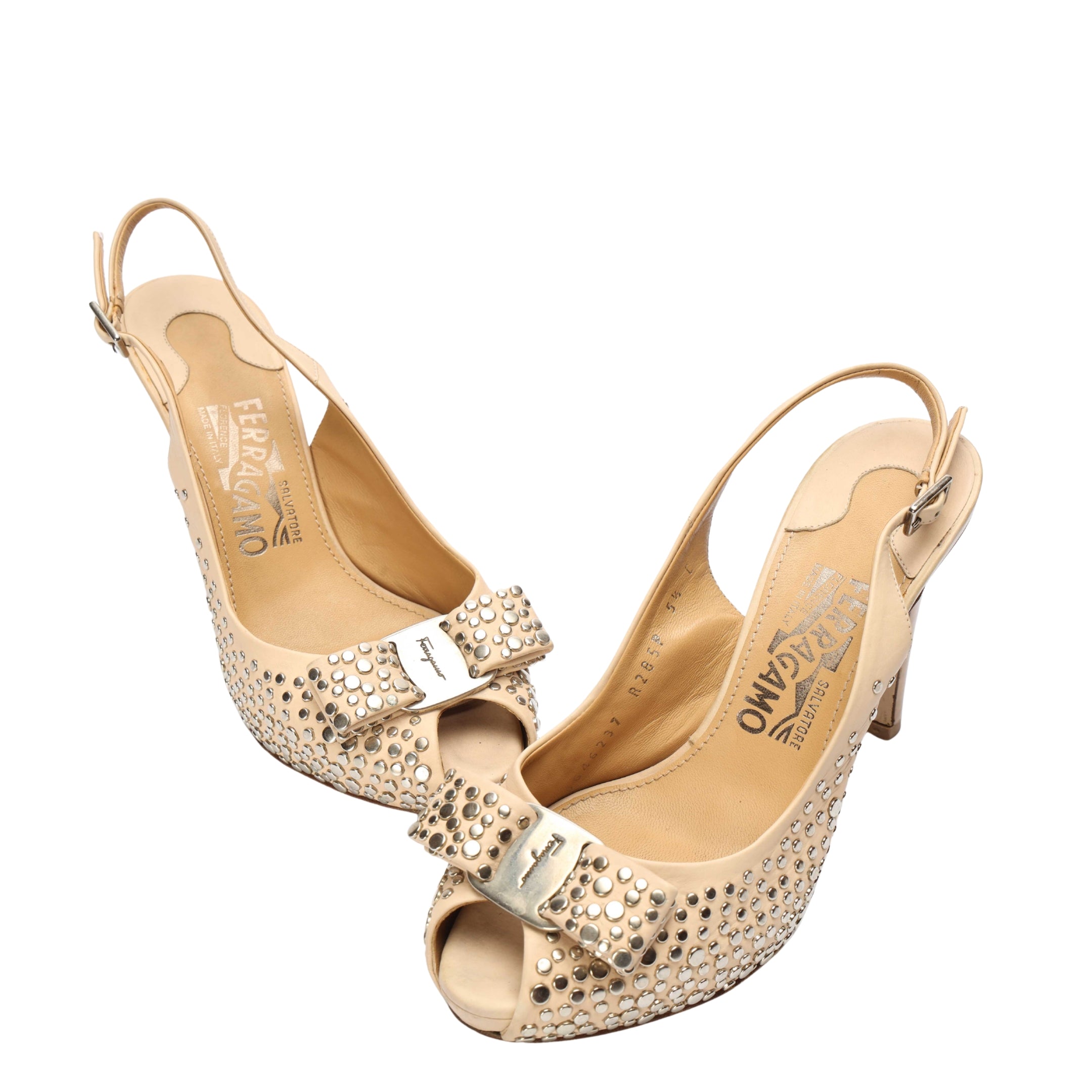 Salvatore Ferragamo Studded Beige Louvre Bow Pumps