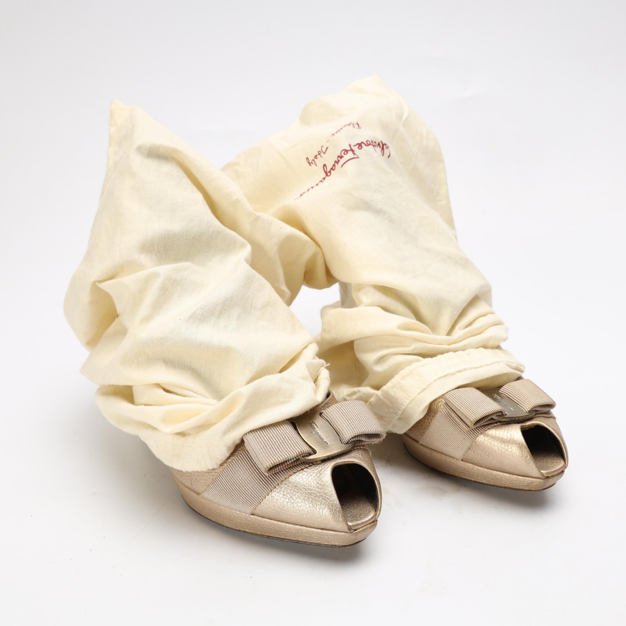 Salvatore Ferragamo Metallic Beige Vara Bow Peep-Toe Pumps