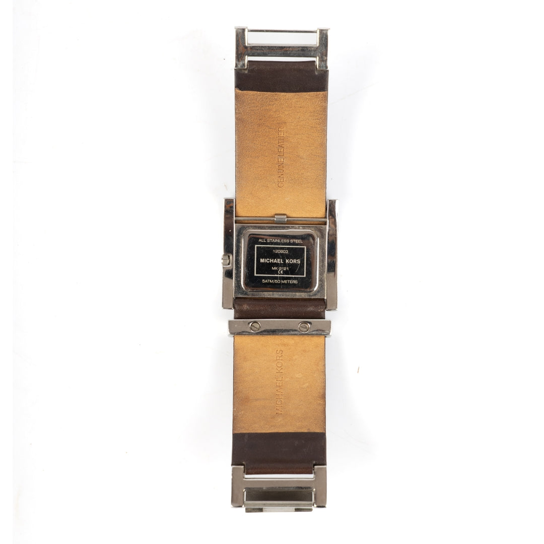 Michael Kors Silver Stainless Steel Brown Leather Wristwatch