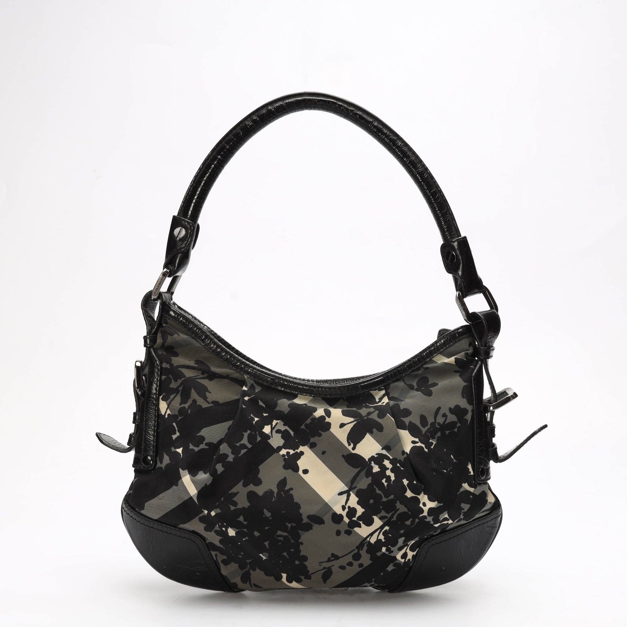 Burberry Black Check Nylon Foley Floral Print Hobo Bag