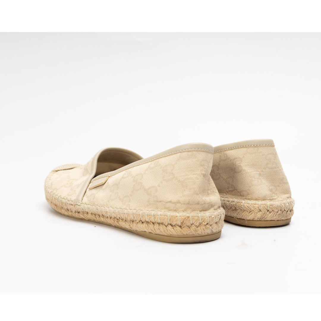 Gucci Beige GG Canvas Leather Slip On Espadrille Flats