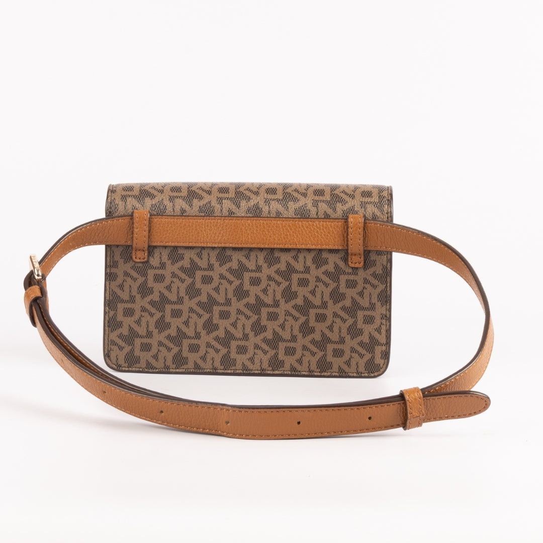 DKNY Brown Monogram and Leather Trim Belt Bag