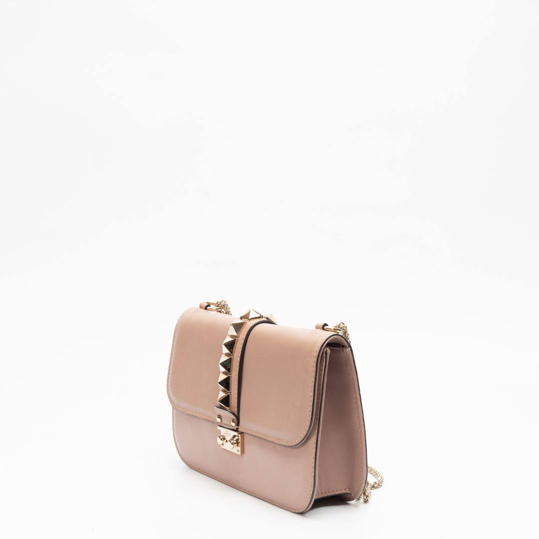 Valentino Beige Leather Glam Lock Chain Shoulder Bag