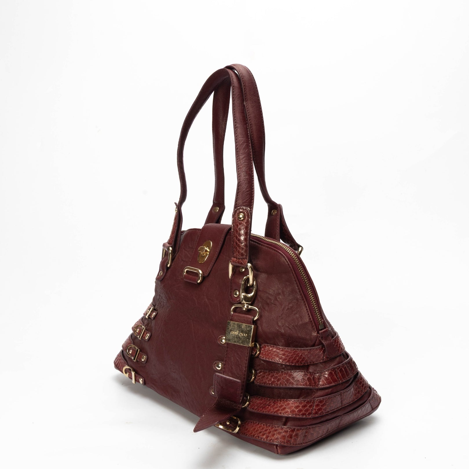 Jimmy Choo Maroon Python Embossed Convertible Satchel