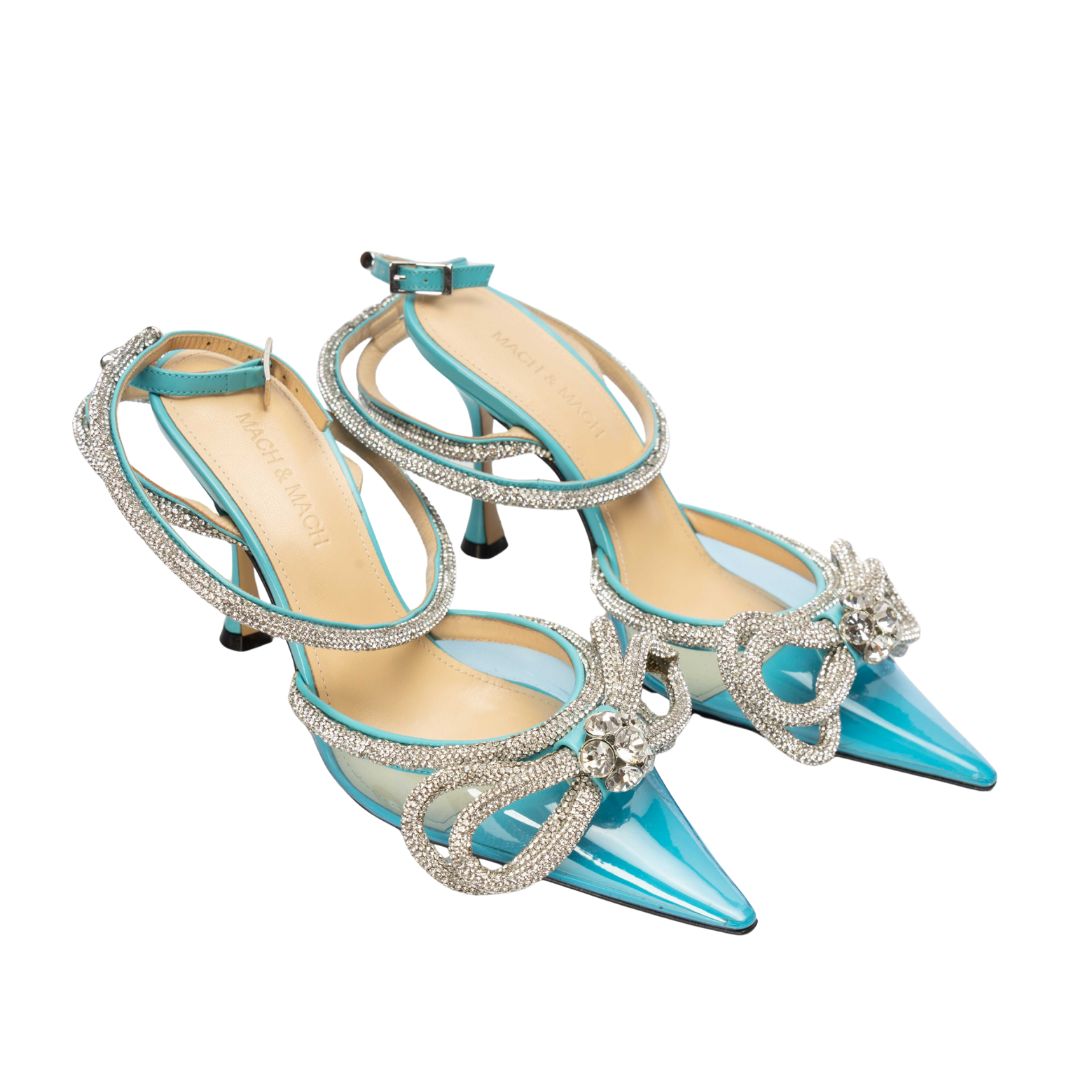 Mach & Mach Blue Satin Double Bow Pumps