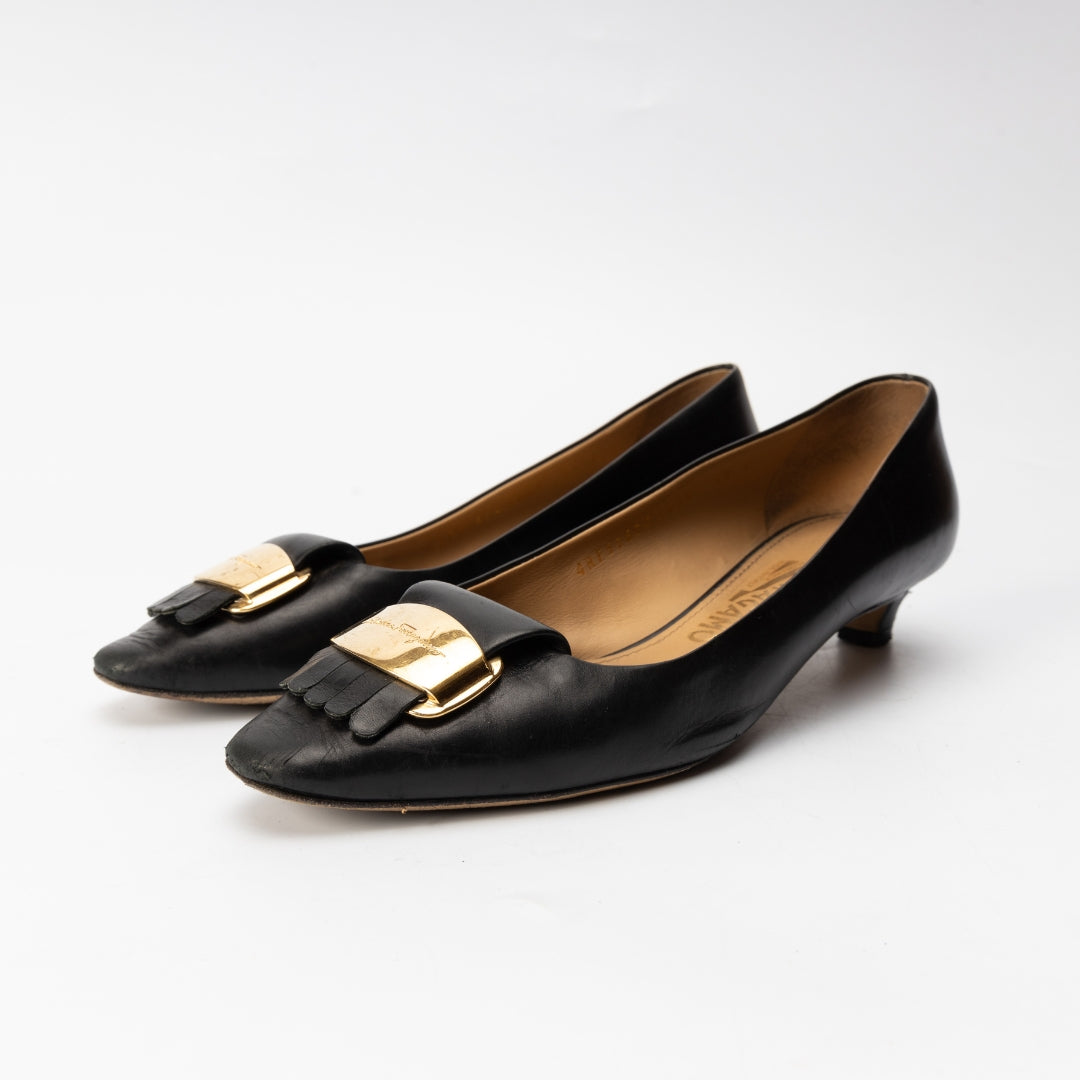 Salvatore Ferragamo Black Leather Fringe Detail Pumps