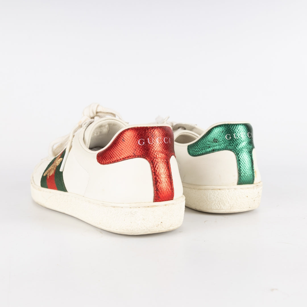 Gucci White Leather and Python Embossed Ace Bee Embroidered Sneakers