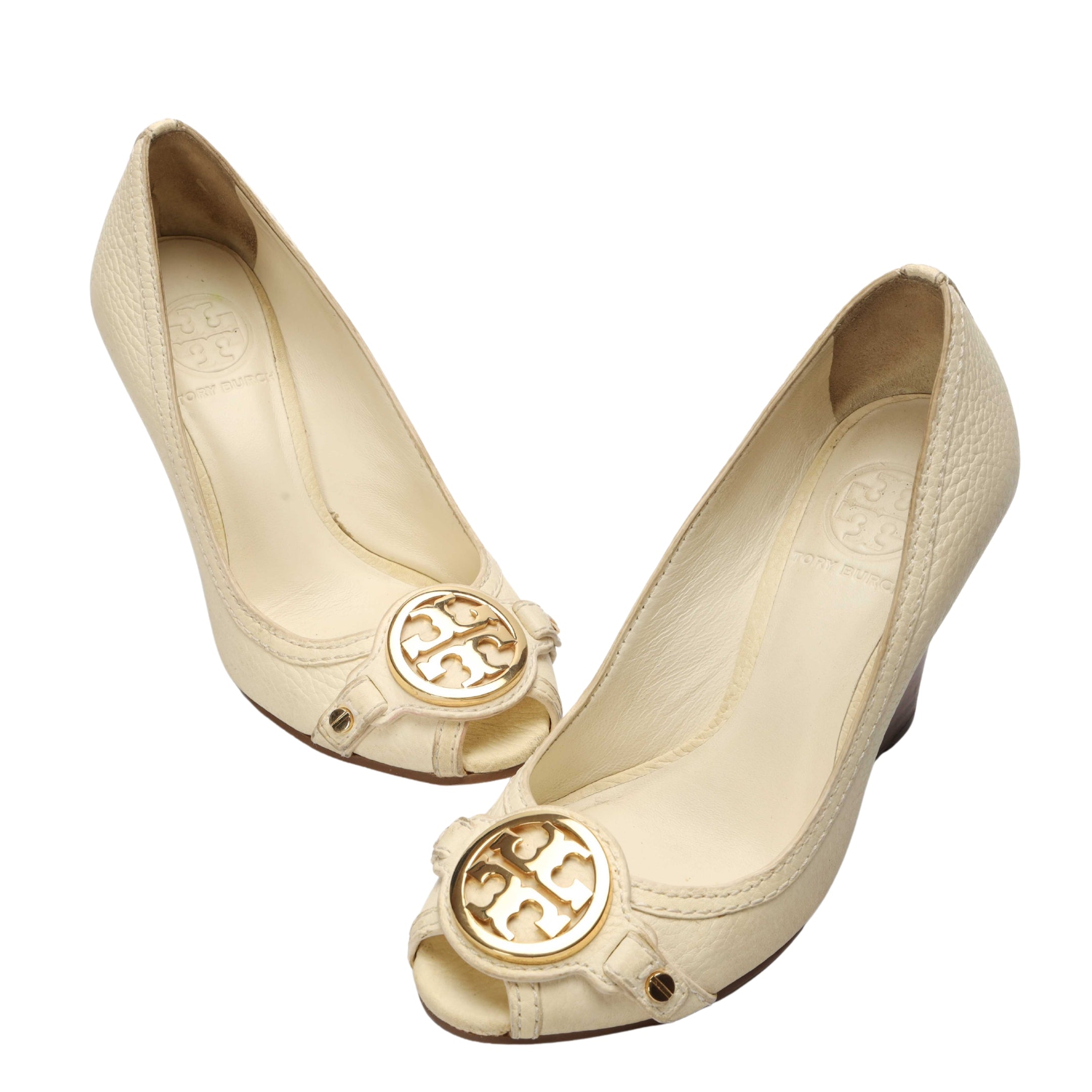 Tory Burch White Logo Wedges Peep Toe Pumps