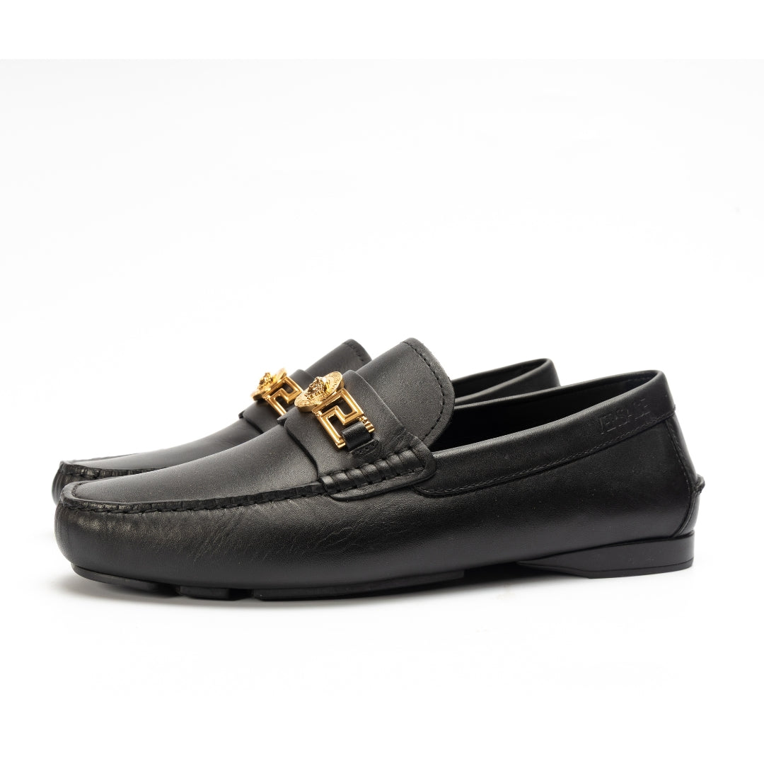 Versace Black Leather Medusa Slip On Loafers