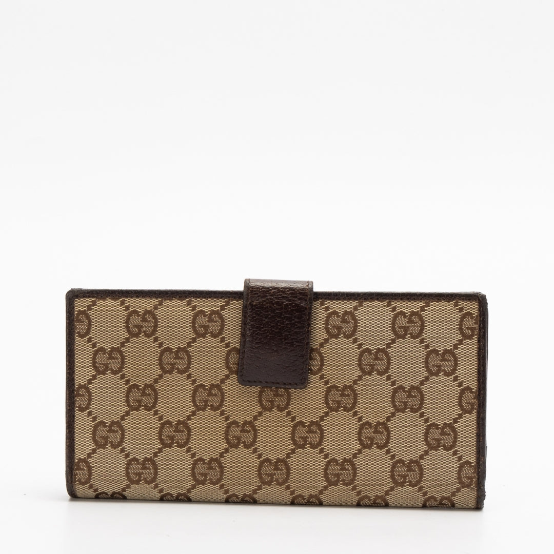 Gucci Canvas and Leather Logo Metal Plate Continental Wallet