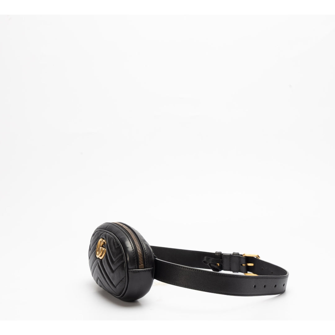Gucci Black Chevron Leather GG Marmont Belt Bag