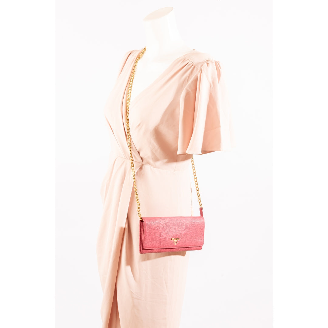 Prada Pink Grained Leather Wallet on Chain