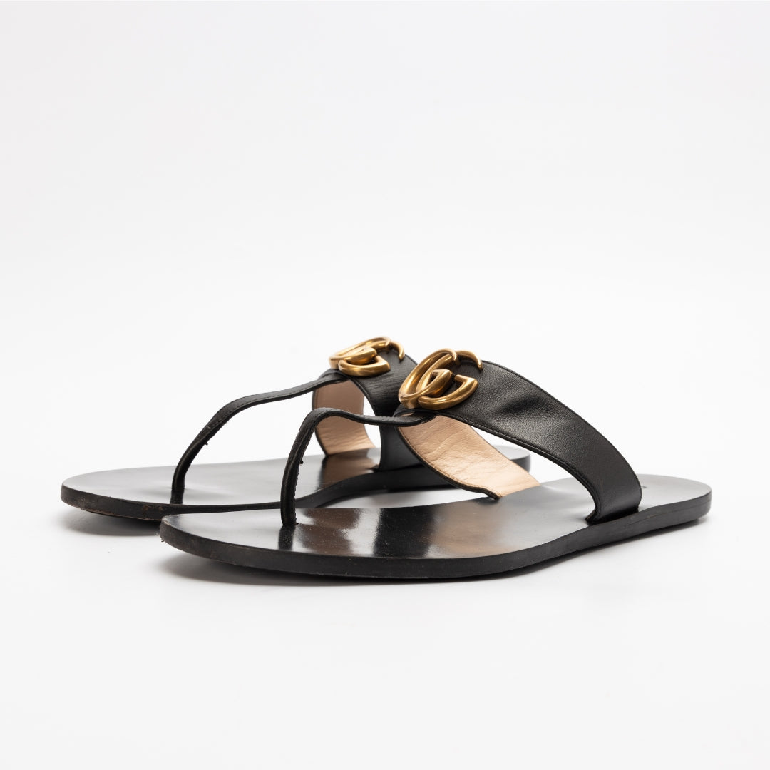 Gucci Black Leather Double G Flat T-Strap Sandals