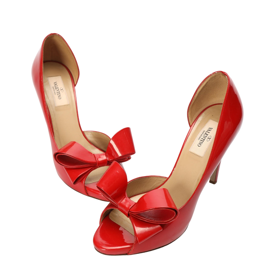 Valentino Red Leather Bow Peep Toe Pumps