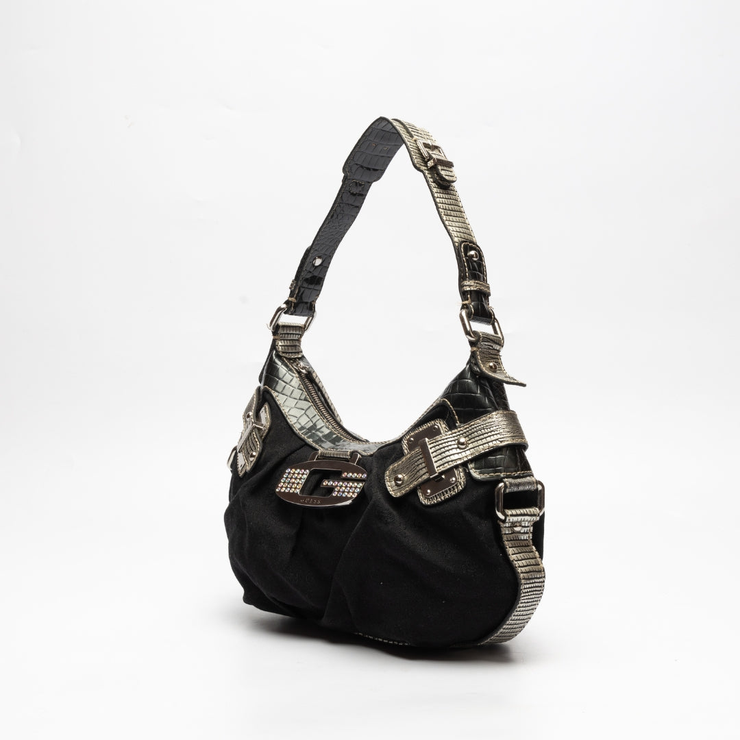 Guess Chunky Monogram Black Studded Canvas Hobo Bag