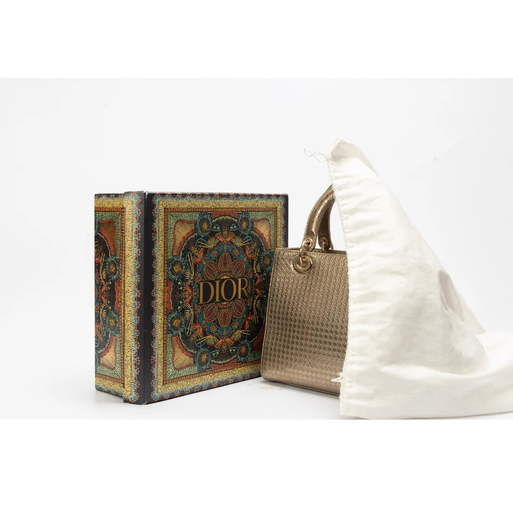 Dior Gold Micro Cannage Patent Leather Medium Lady Dior