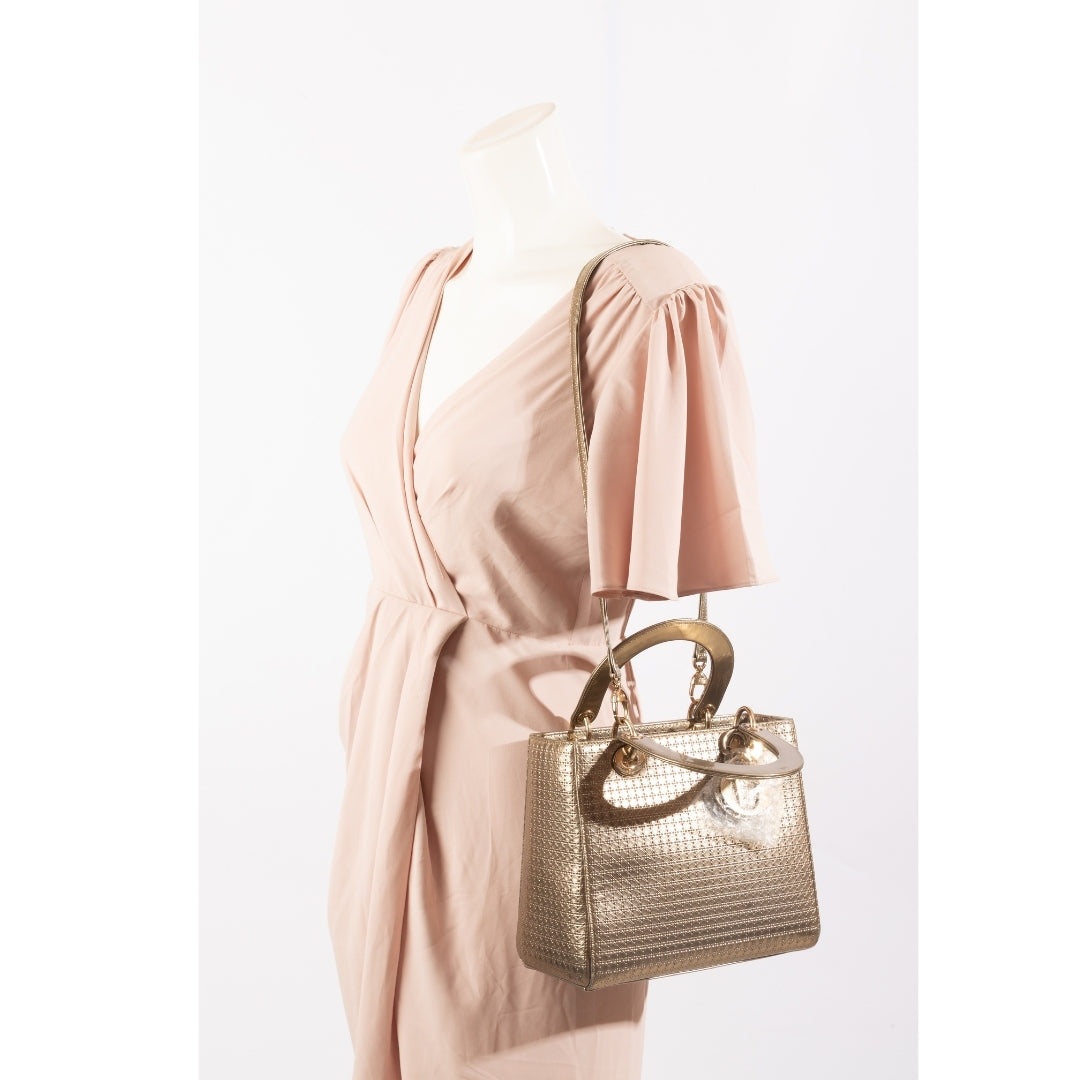 Dior Gold Micro Cannage Patent Leather Medium Lady Dior