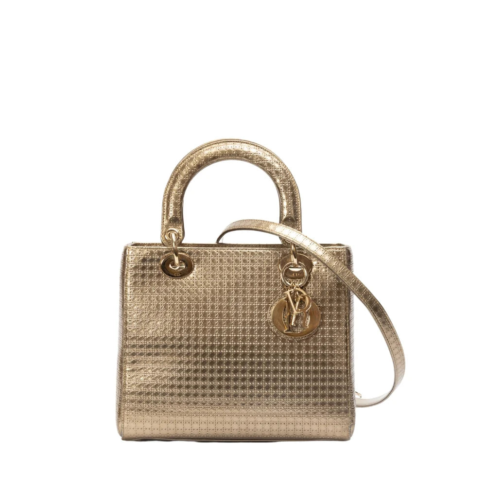 Dior Gold Micro Cannage Patent Leather Medium Lady Dior
