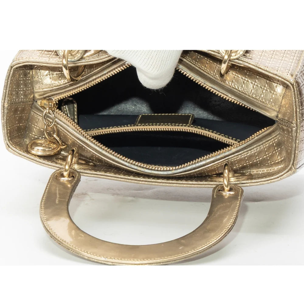 Dior Gold Micro Cannage Patent Leather Medium Lady Dior