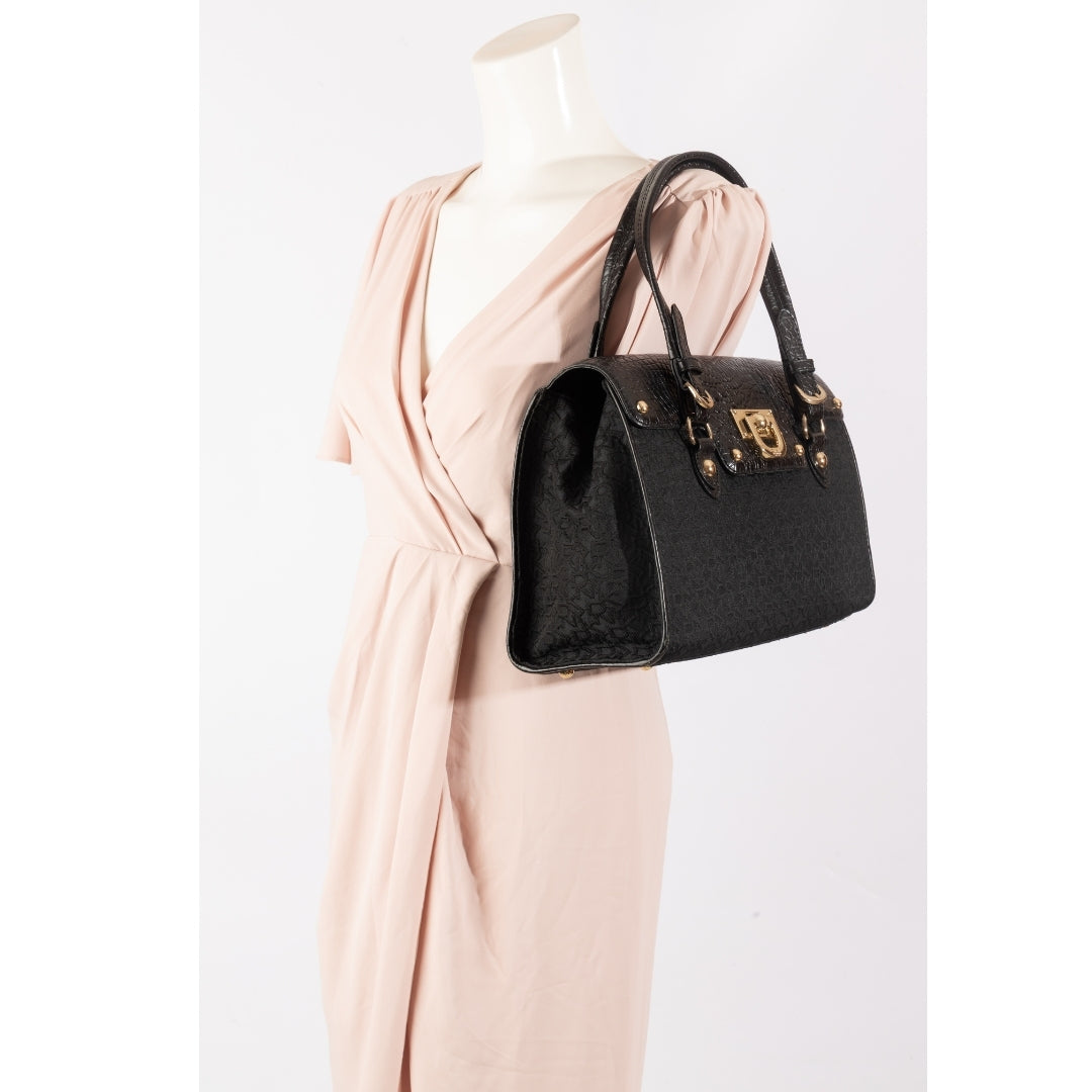 DKNY Signature Canvas and Croc Embossed Leather Shoulder Bag
