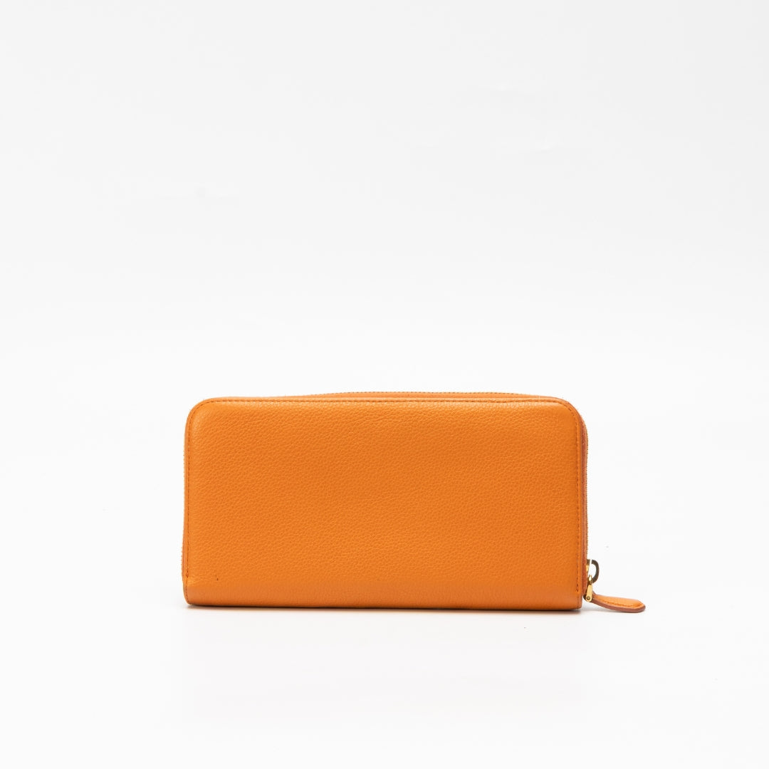 Prada Orange Pebbled Leather Zip Around Wallet
