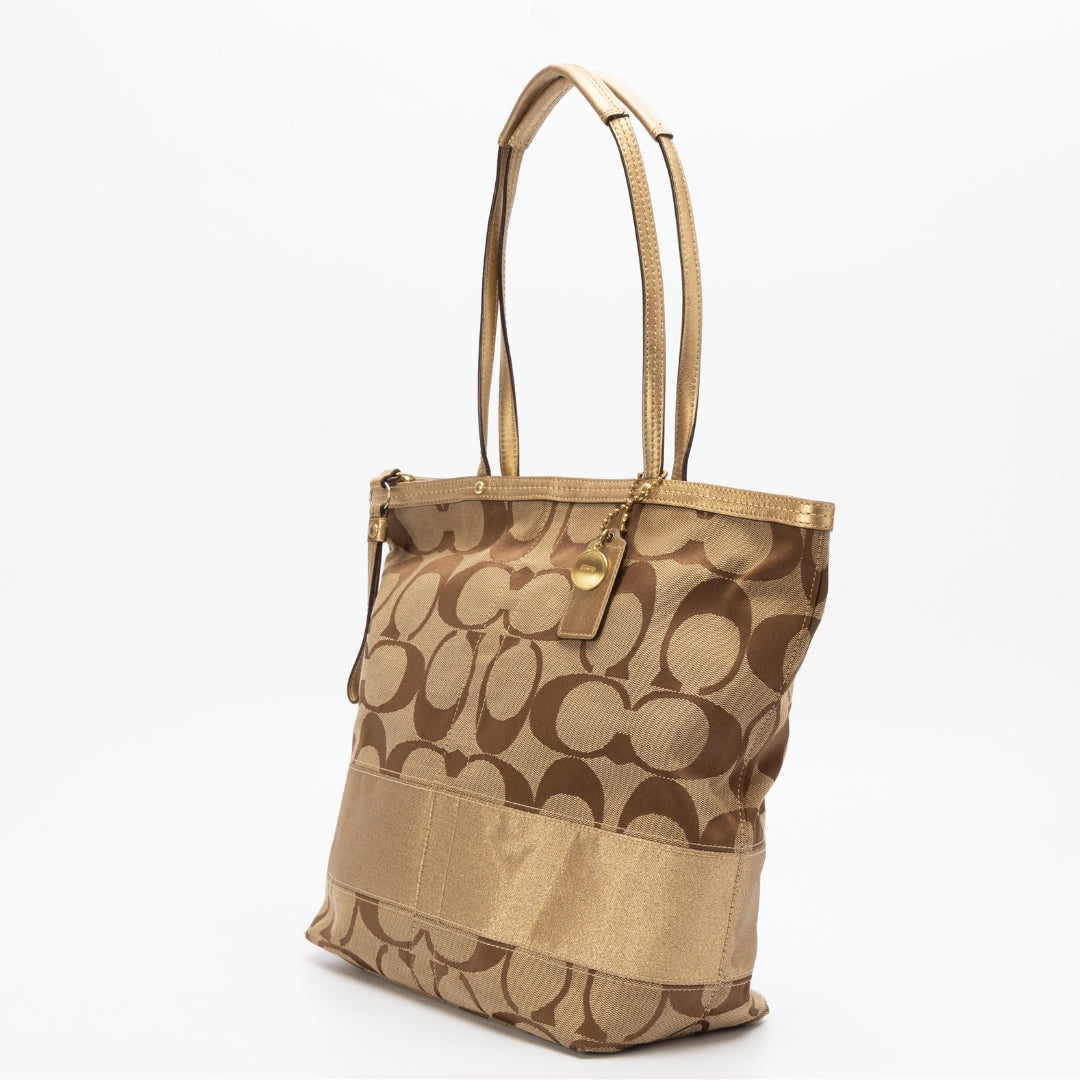 Coach Brown Signature Gold Stripe Tote