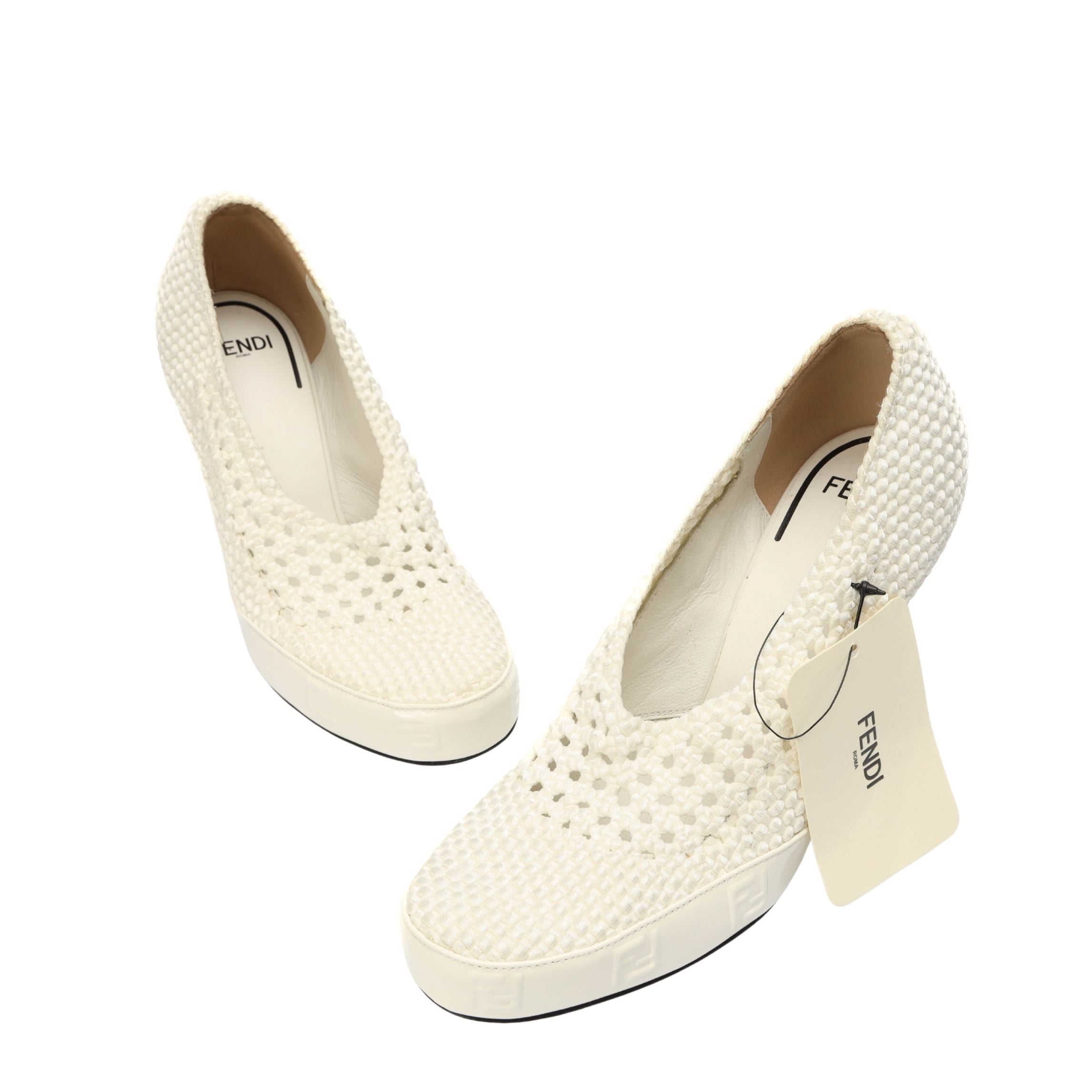 Fendi White Woven Fabric Square Pumps