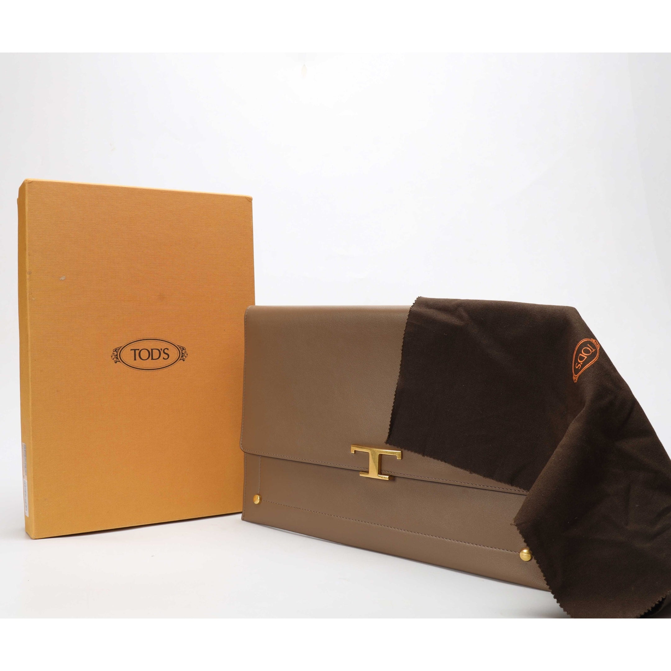 Tods Taupe Large T Timeless Envelope Clutch