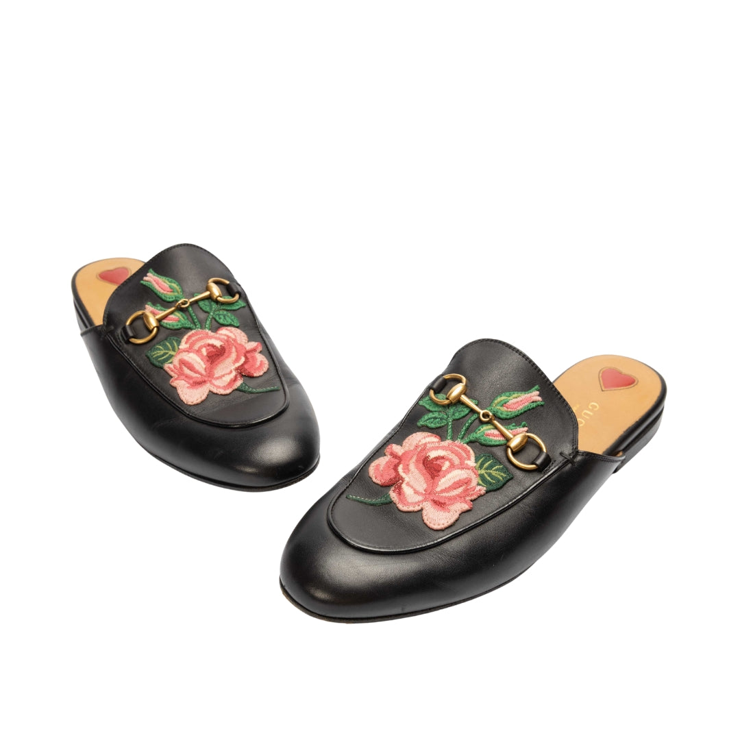 Gucci Black Princetown Flower Flat Mules