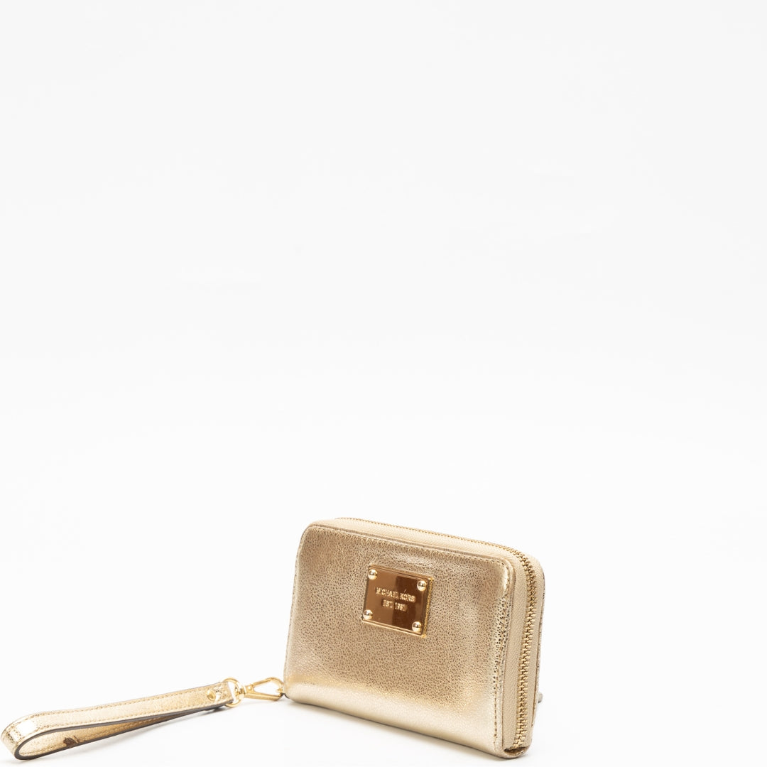 Michael Kors Gold Leather Jet Set Zip Around Wristlet