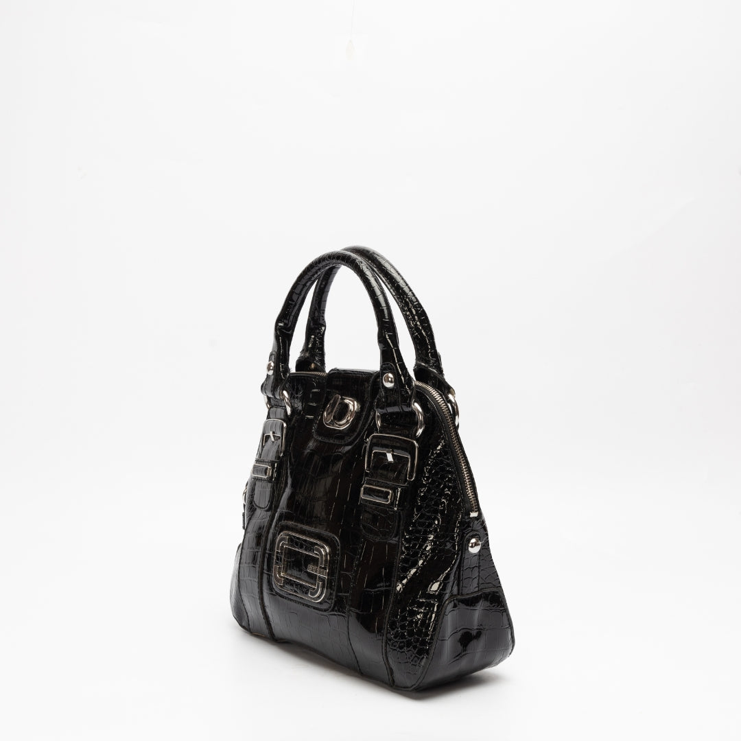 Guess Black Faux Crocodile Top Handle Bag