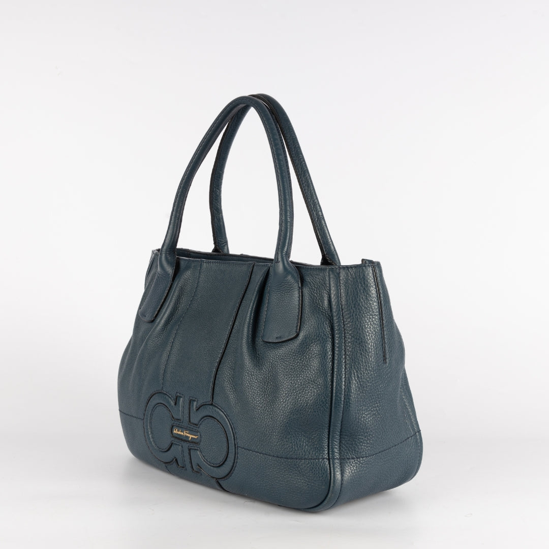 Salvatore Ferragamo Teal Blue Leather Gancini Tote Bag