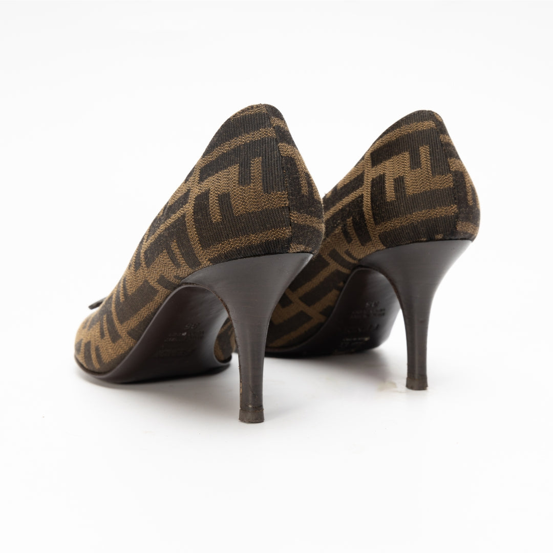 Fendi Brown Zucca Canvas Bow Peep Toe Pumps