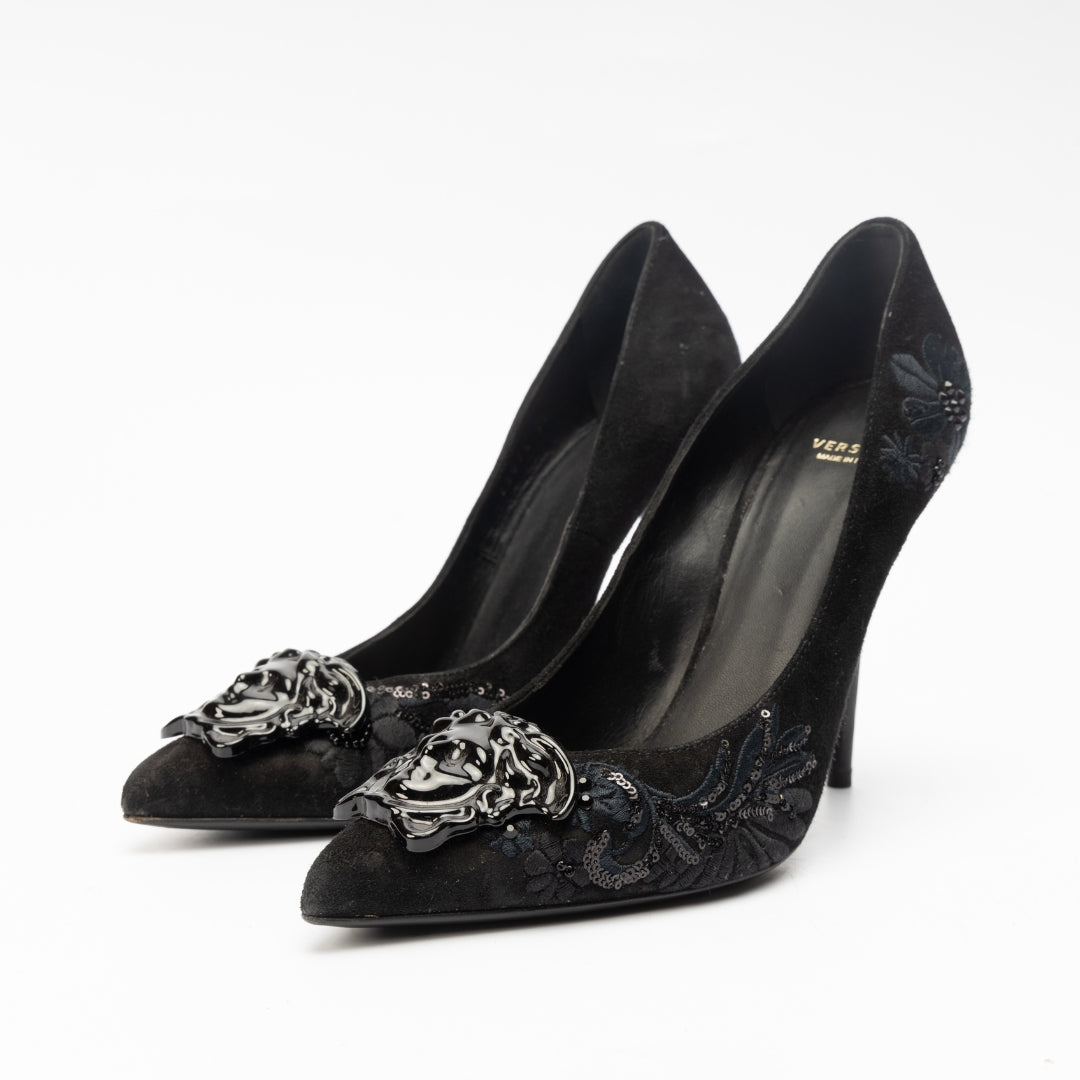 Versace Black Suede Medusa Pointed Toe Pumps
