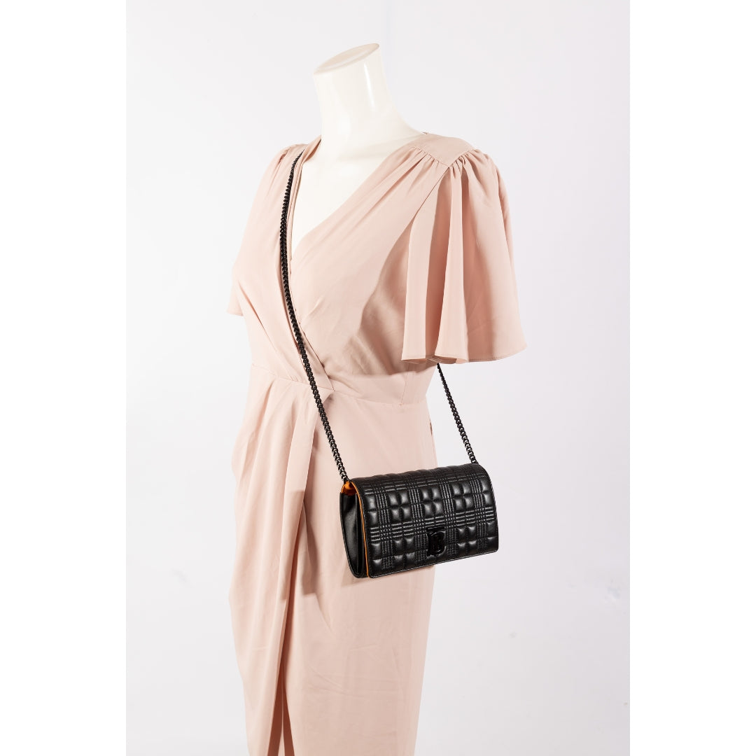 Burberry Lambskin Black Quilted Hannah Wallet On Chain