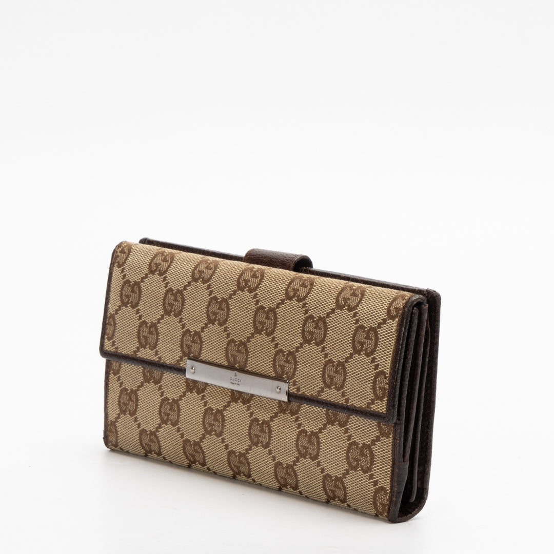 Gucci Canvas and Leather Logo Metal Plate Continental Wallet