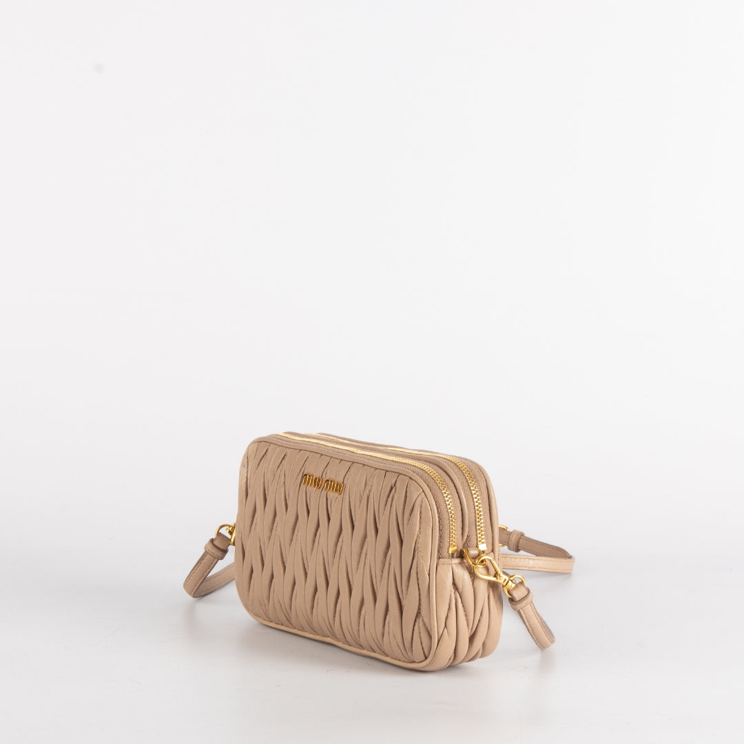 Miu Miu Nude Matelasse Leather Double Zip Crossbody Bag