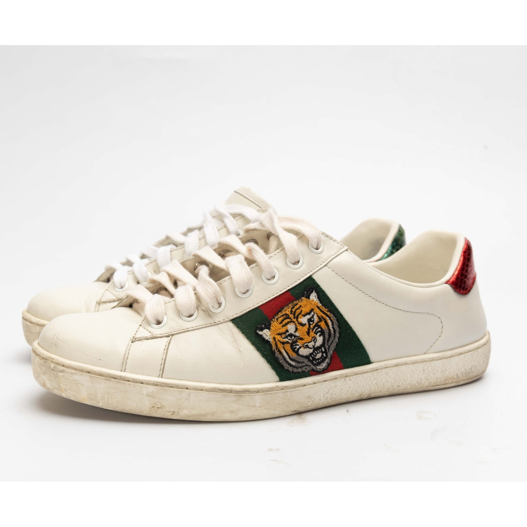 Gucci White Leather Ace Tiger Low Top Sneakers