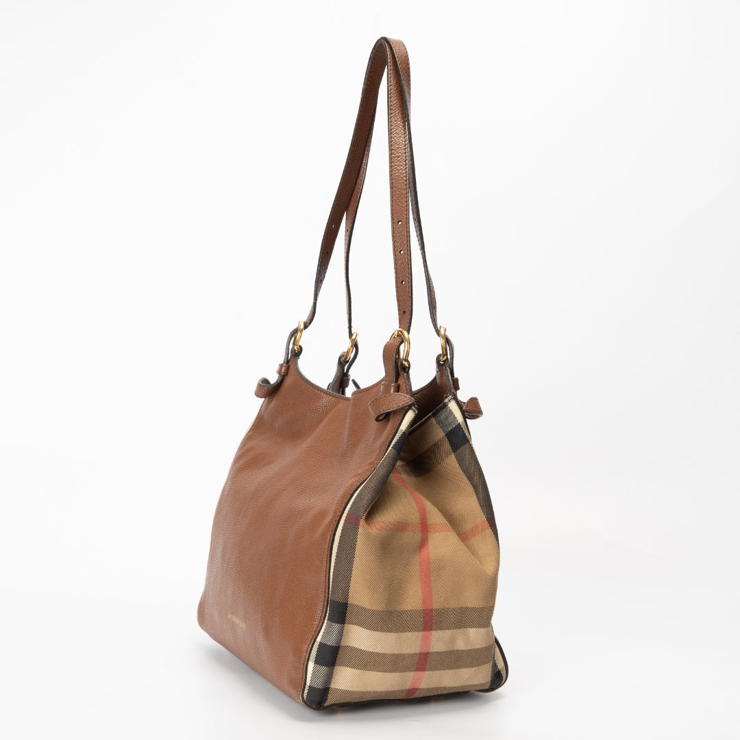 Burberry Brown Leather and House Check Canvas Canterbury Tote Bag