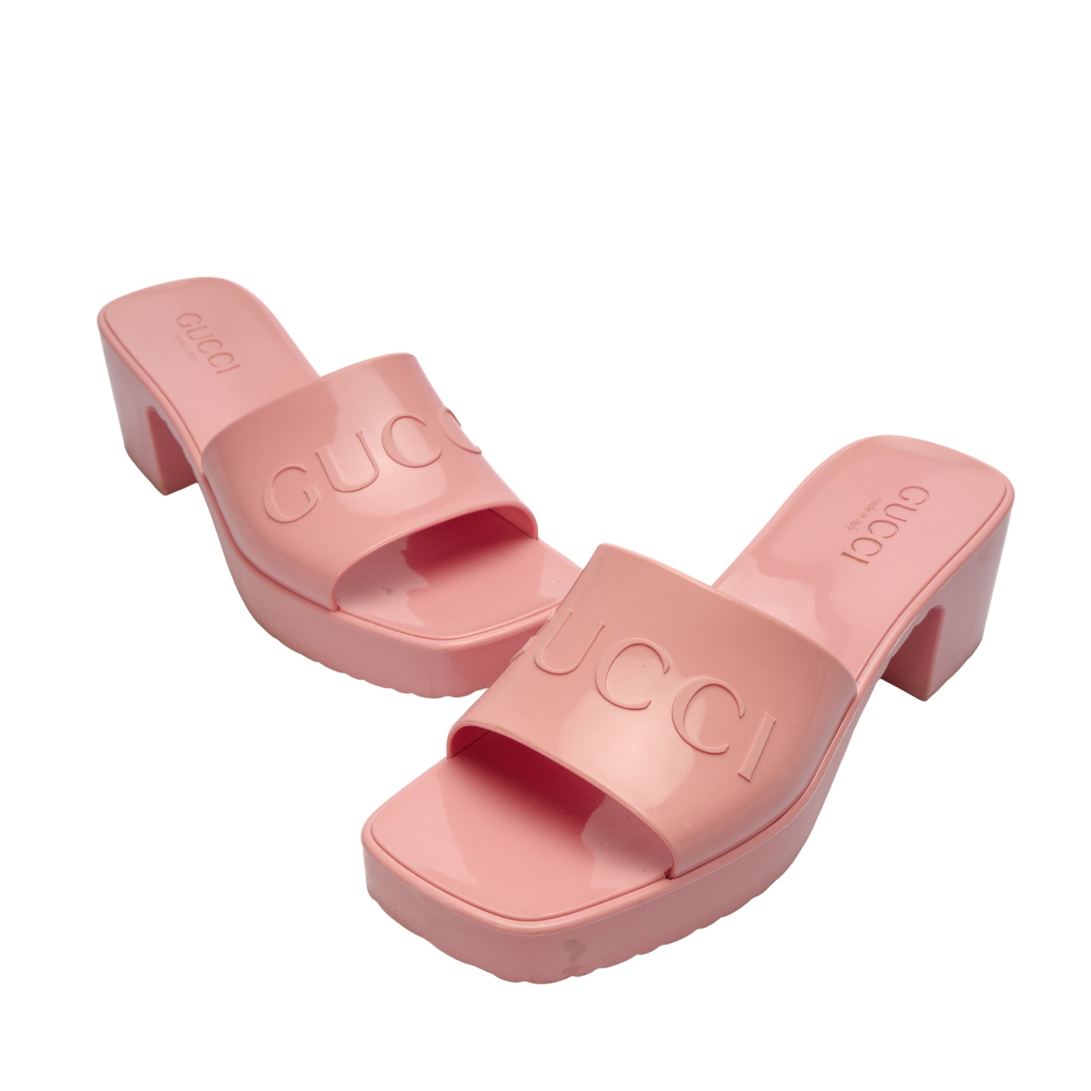 Gucci Pink Jelly Block Heel Logo Sandals