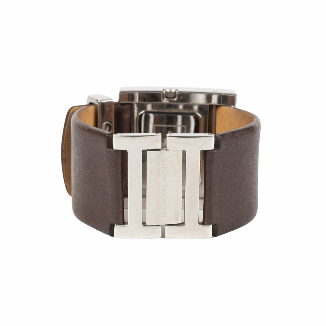 Michael Kors Silver Stainless Steel Brown Leather Wristwatch