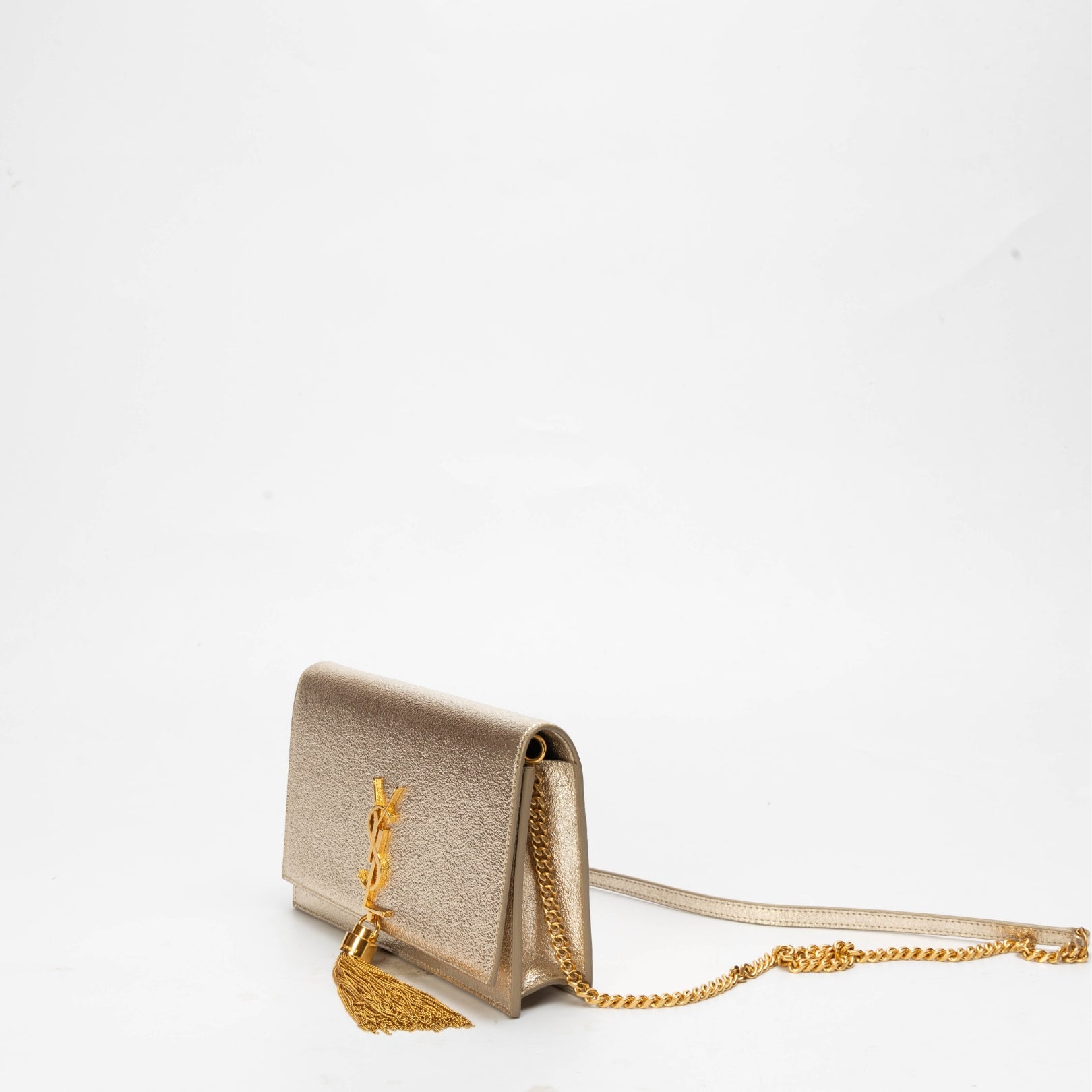 Saint Laurent Gold Textured Leather Wallet on Chain