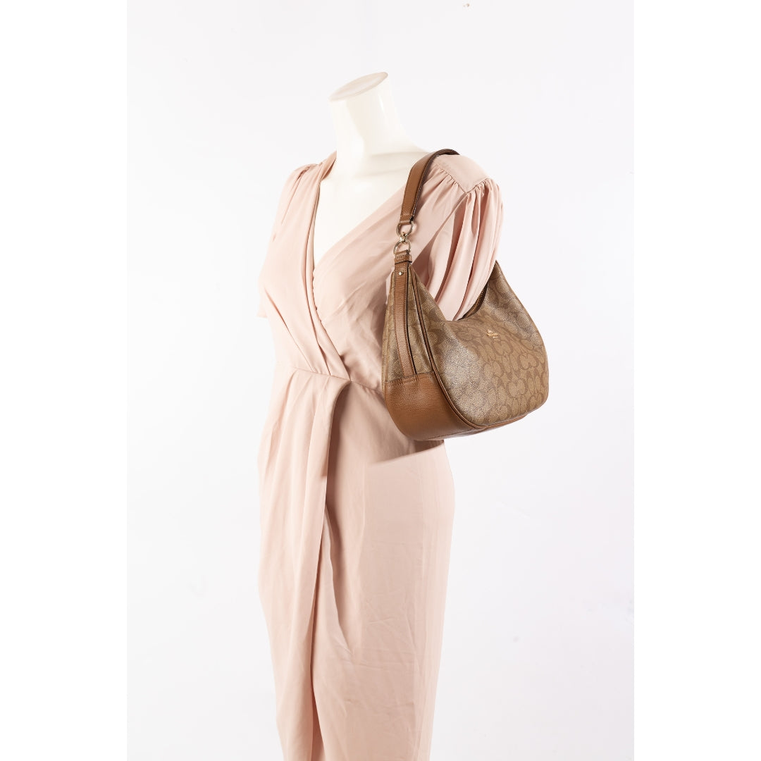 Coach Brown Signature Canvas Zip Hobo Bag