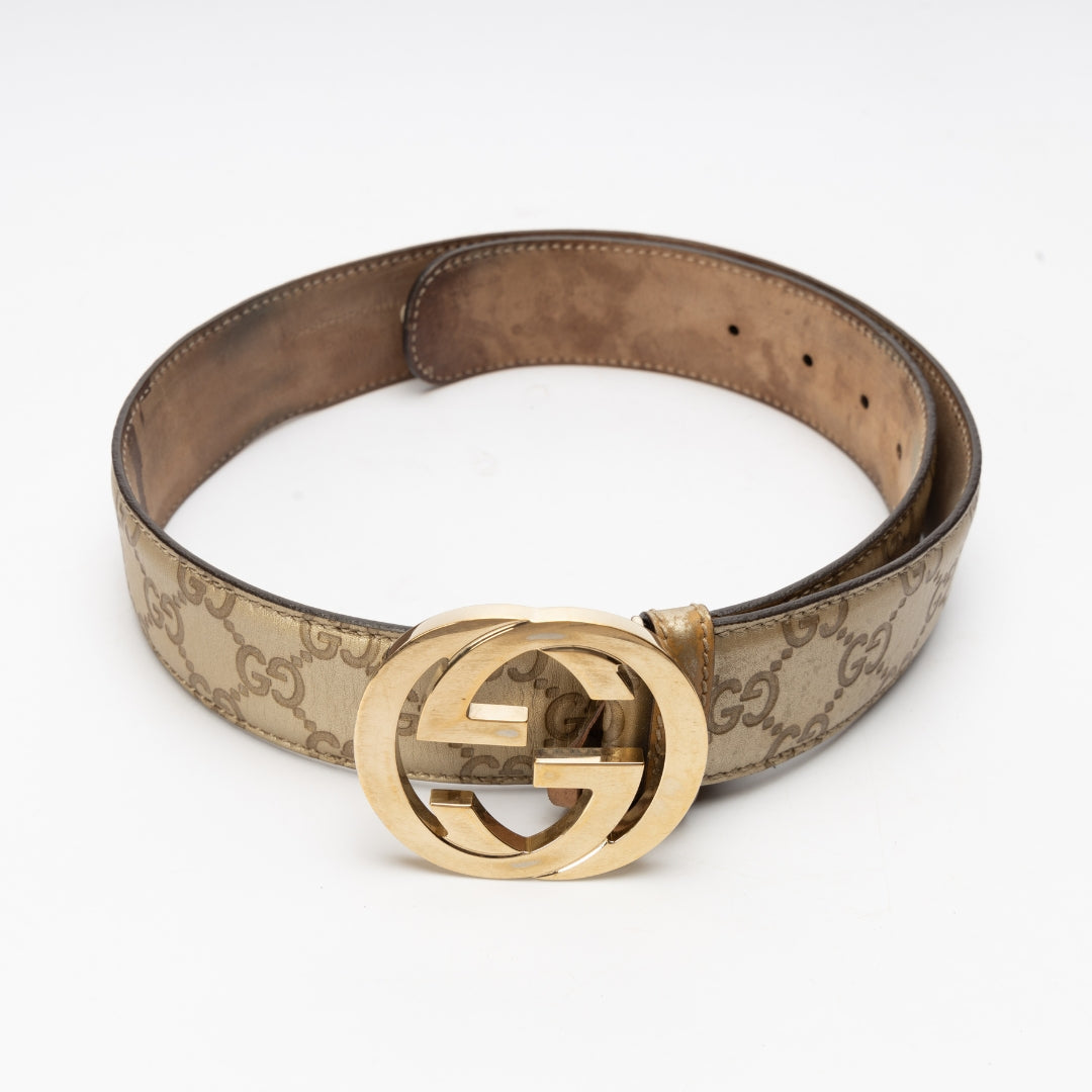 Gucci Metallic Gold Guccissima Leather Interlocking G Buckle Belt