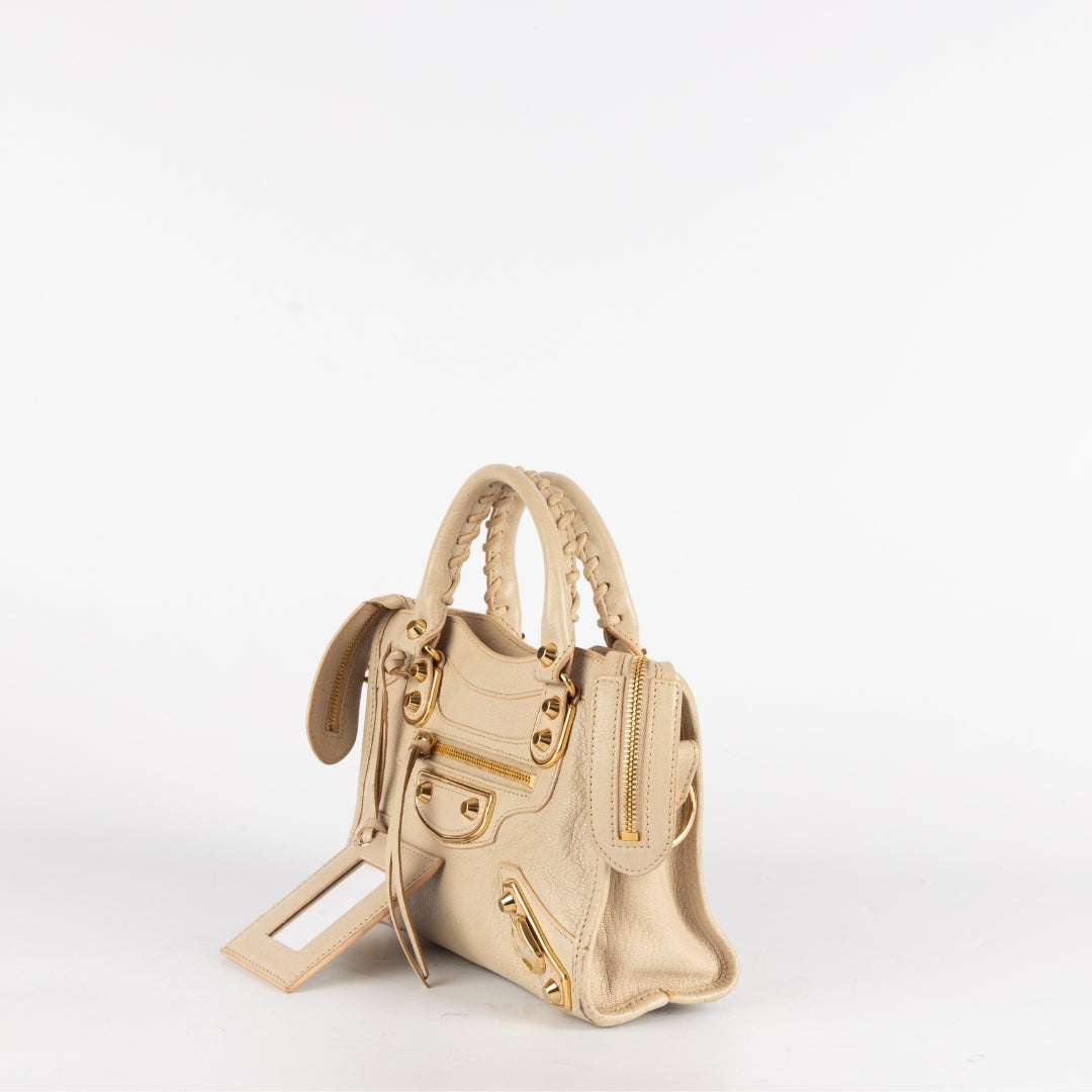Balenciaga Beige Leather Mini Classic Metallic Edge City Bag