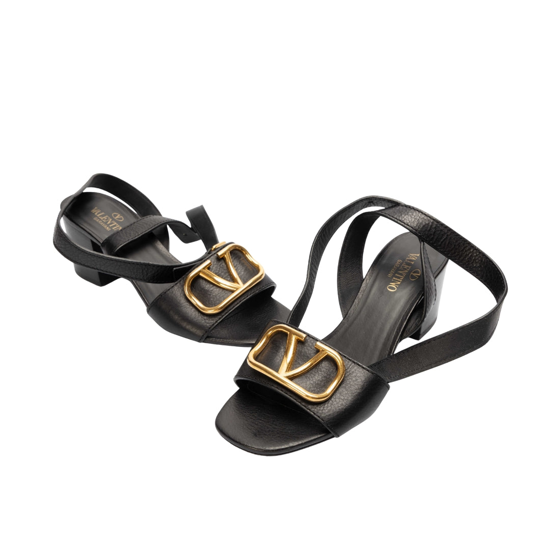 Valentino Black Leather Vlogo Block Heel Sandals