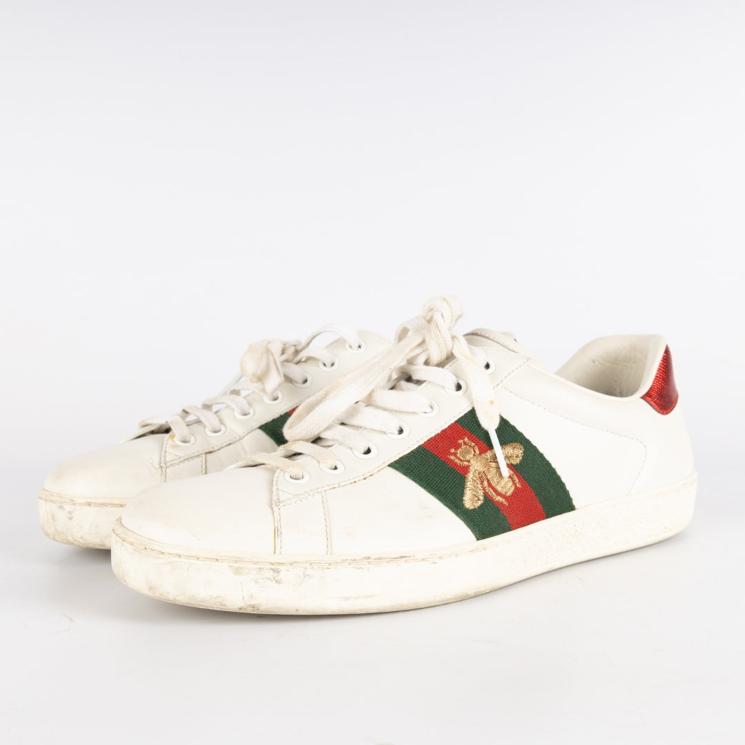 Gucci White Leather and Python Embossed Ace Bee Embroidered Sneakers