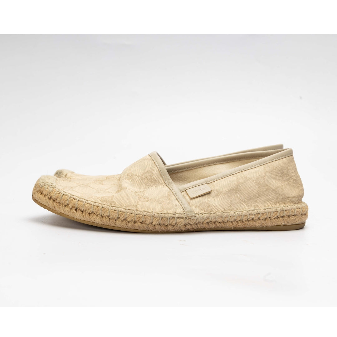 Gucci Beige GG Canvas Leather Slip On Espadrille Flats