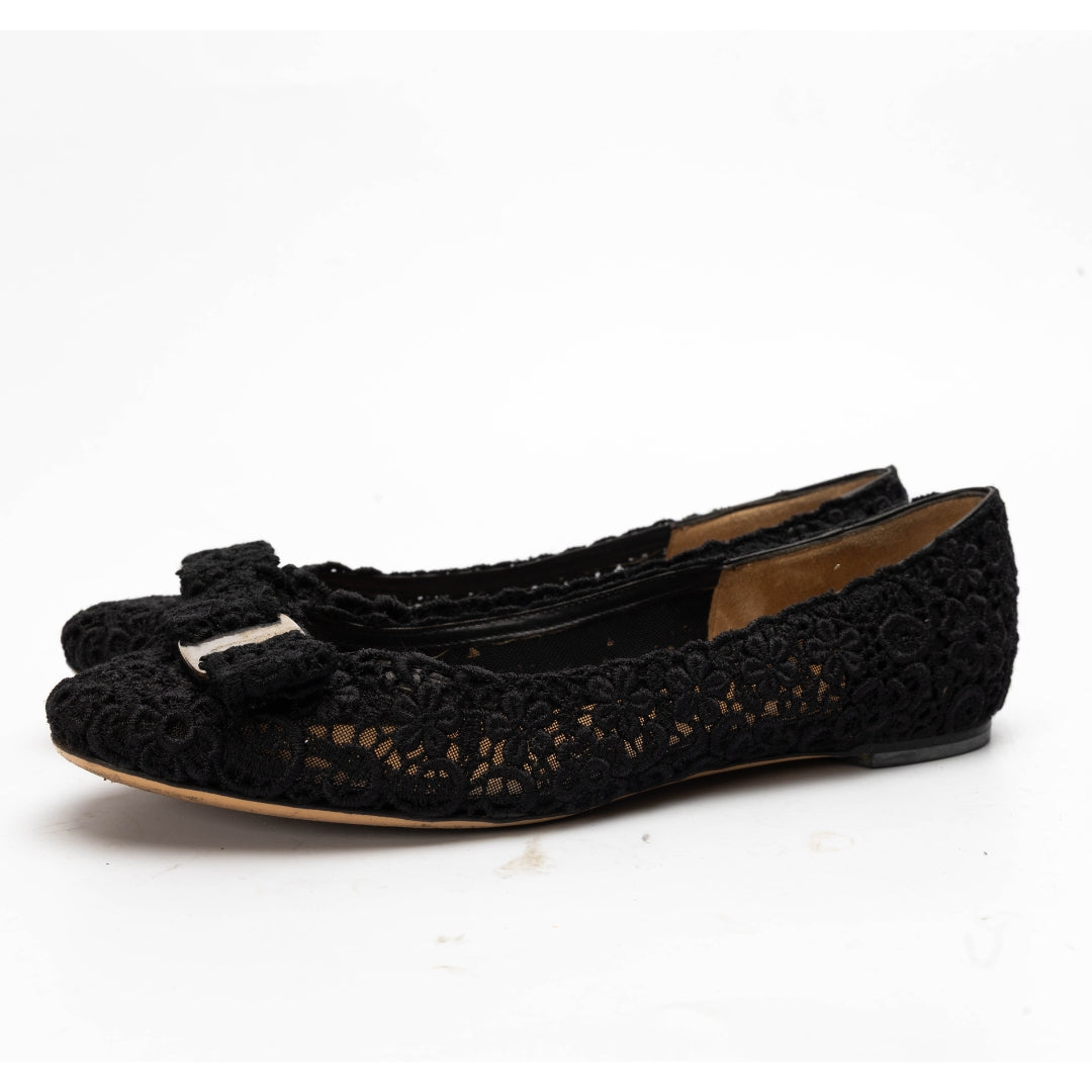 Ferragamo Varina Black Floral Woven Balleria Shoes