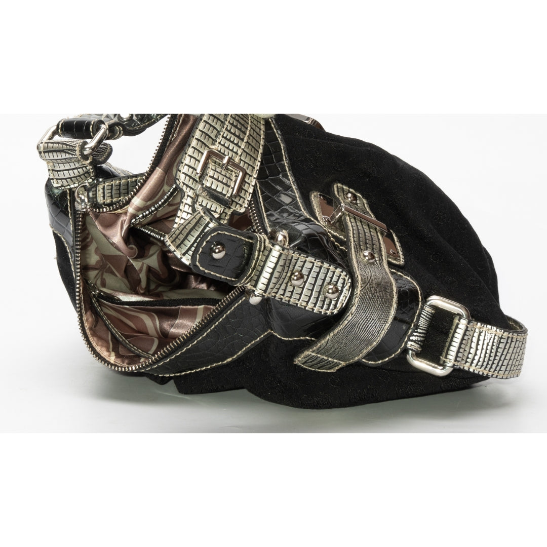 Guess Chunky Monogram Black Studded Canvas Hobo Bag